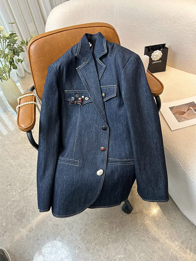 2023 Spring Autumn New Vintage Denim Blazer Coat Women Clothing Heavy Industry Button Handsome Blazer Jackets Ladies Tops AC761