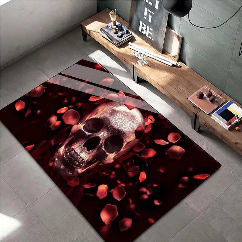 

15 Sizes Black Living Room Rugs Skull Art Horror Carpet Door Mat Non-Slip Hallway Bedroom Bathroom Mat Kitchen Floor Mat Tapis