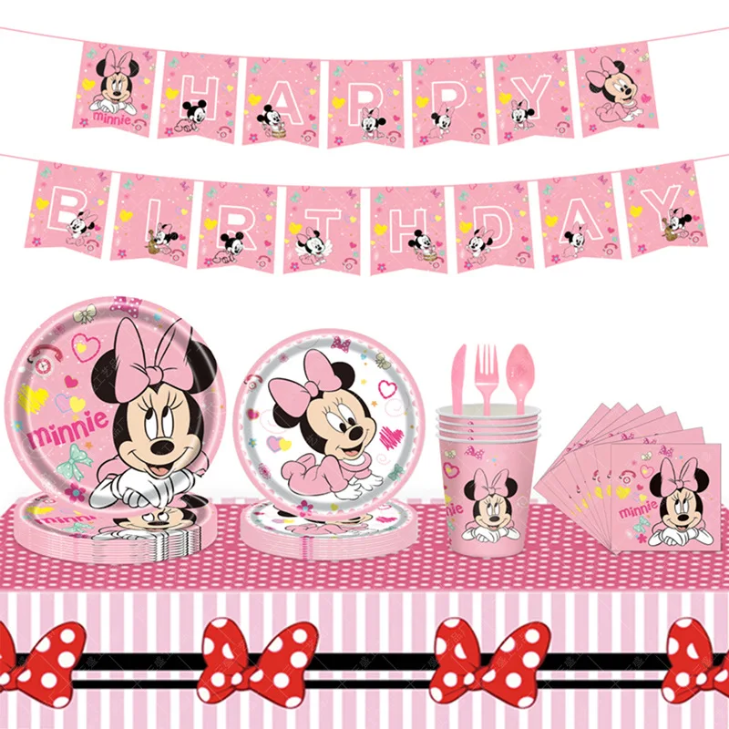 

Minnie Mouse theme birthday party decoration tableware paper cup plates napkins cartoon pink banner girls favorite party supplie