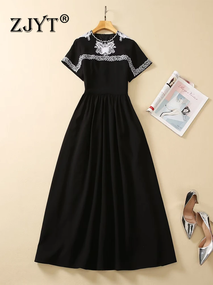 

ZJYT Retro Fashion Runway Embroidery Black Dresses for Women 2023 Summer Short Sleeve Midi Party Holiday Vestidos Casual Robe