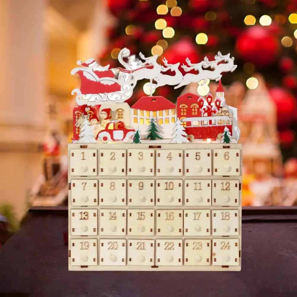 

Christmas Advent Calendar LED Light Gifts Battery Powered 24 Day Countdown Drawer Xmas Sledge Santa Elk Wood Desktop Calendar