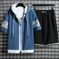 1 set summer men hoodie shorts color block letter print korean style hooded outfit for daily wear