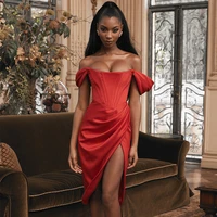 fashion off the shoulder pleated slim sexy cocktail dresses high waist split boat neck elegant evening party robes night vestido
