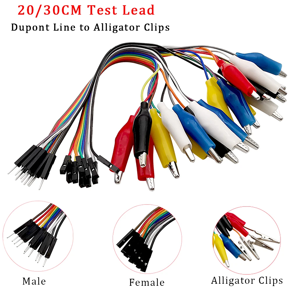 

1Set 20/30CM 10Pin Test Leads Alligator Clip to Male Female Breadboard Test Jumper Wire Line Cable Crocodile Clamp DIY Connector