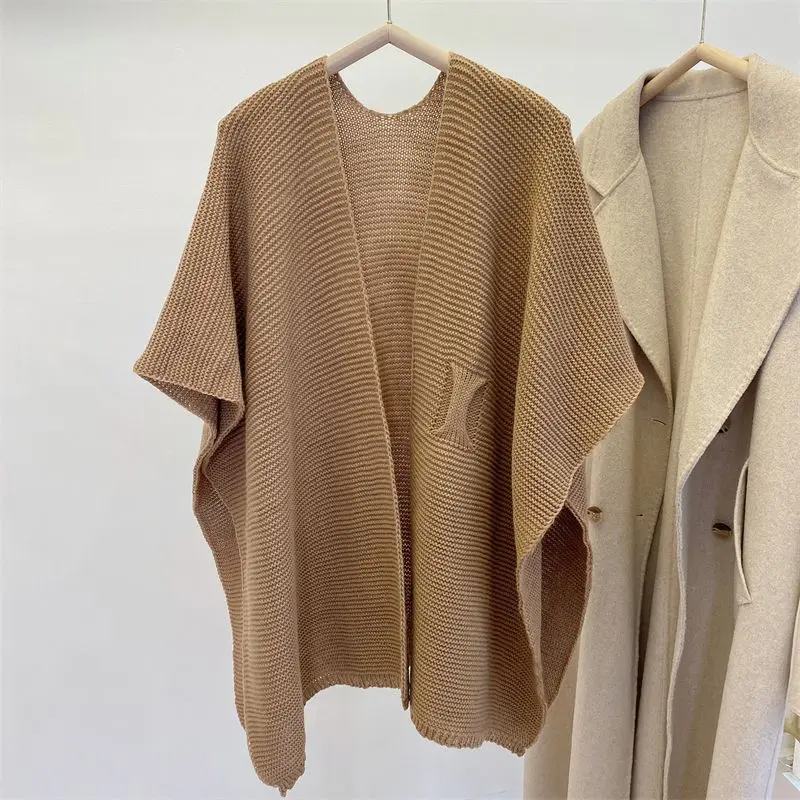

2023 Elegant Solid Cape Shawls for Women Autumn Winter Loose Knitted Poncho Open Stitch Sweater Cloak Bohemian Knitwear T265