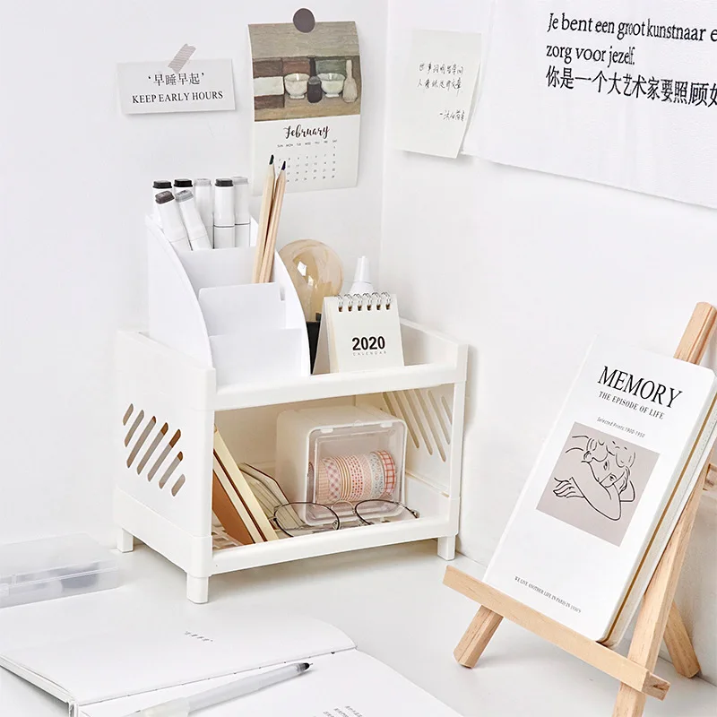 

Double-layer Desk Organizer Rack Stationary Container Sundries Stand Pen Holder Cosmetic Storage Office Shelf School Supplies