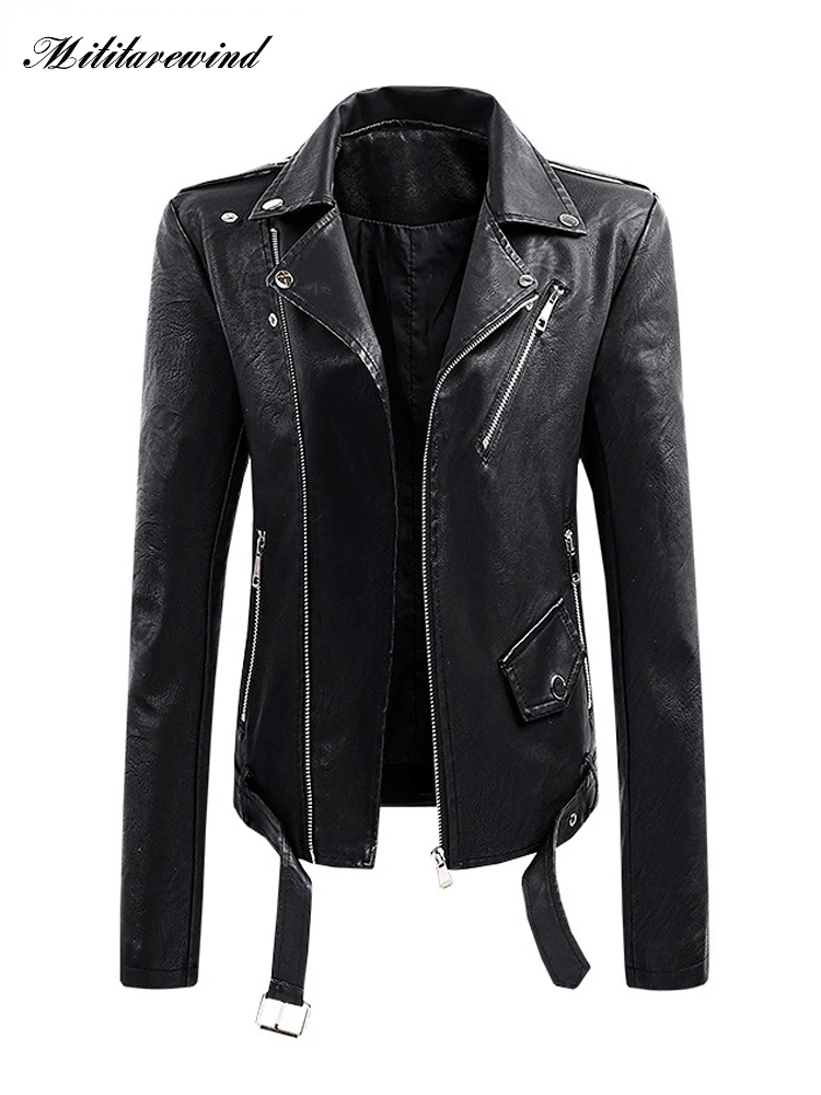 

Women Short Motorcycle Jacket Spring Autumn PU Leather Jacket Turn Down Collar Sashes Slim Fit Faux Leather Jacket Femme M-XXL