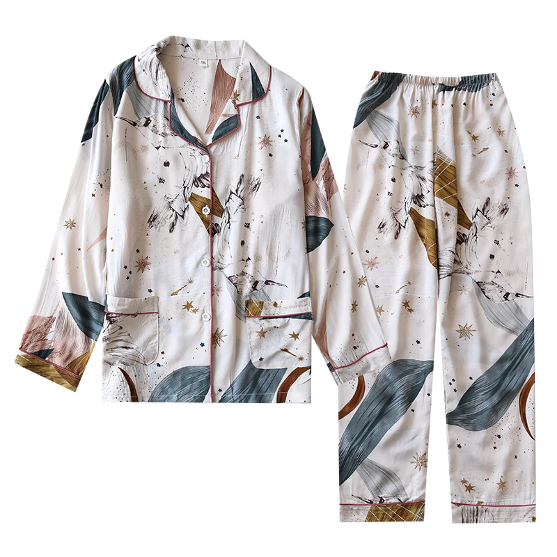 

2022 Women's Pajamas Set Sleepwear Long Sleeve Pants Silky Soft Fabric Home Suits Spring Summer Printing Flowers Clothes M L XL
