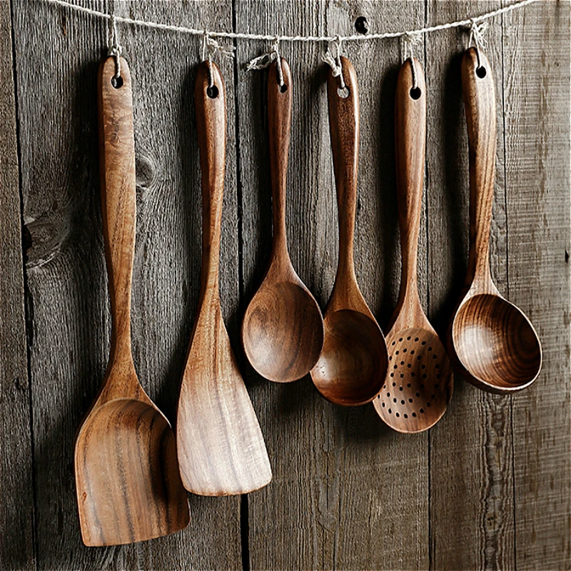 

Thailand Teak Natural Wood Tableware Spoon Ladle Turner Long Rice Colander Soup Skimmer Cooking Spoons Scoop Kitchen Tool Set