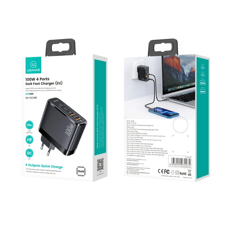 USAMS T44 100 Вт 4 порта GaN Быстрая зарядка USB A C адаптер питания зарядное устройство для