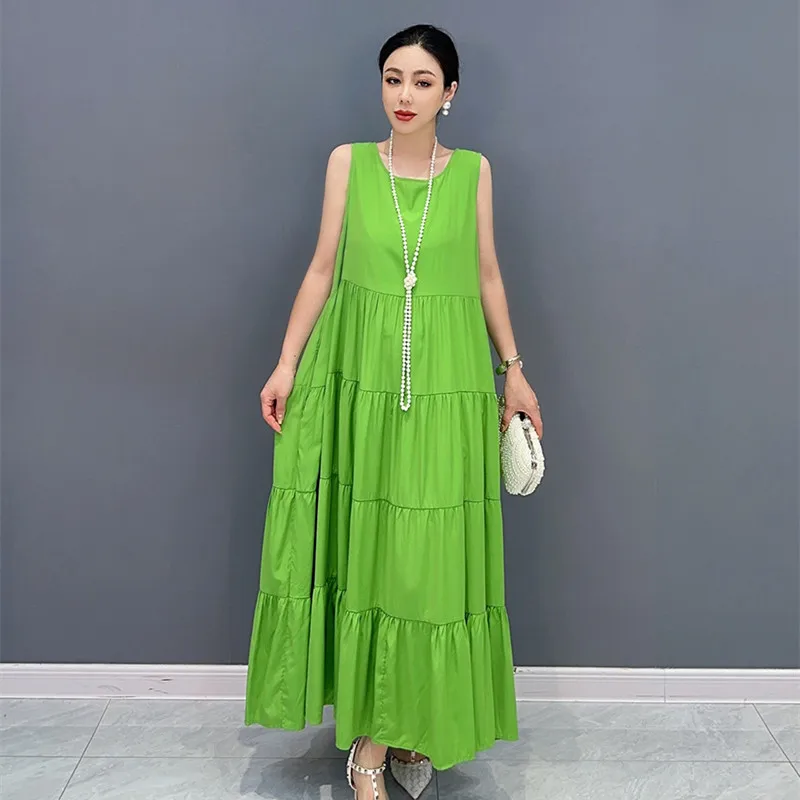 

Однотонное платье без рукавов, ТРАПЕЦИЕВИДНОЕ свободное тонкое платье-пуловер, женское летнее повседневное зеленое платье, черное летнее платье