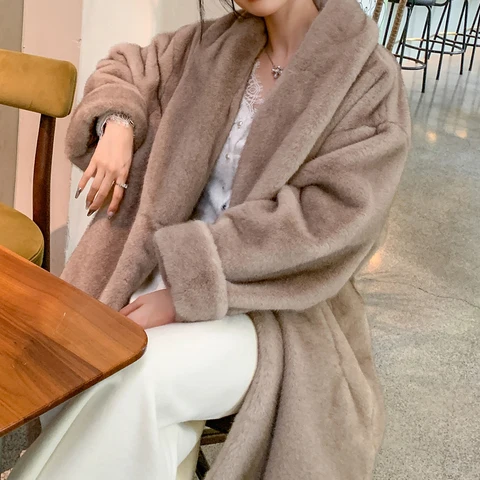 Женское теплое меховое пальто с толстым отложным воротником, свободное пальто миди длиной кофейного цвета, топы для женщин Casaco Feminino