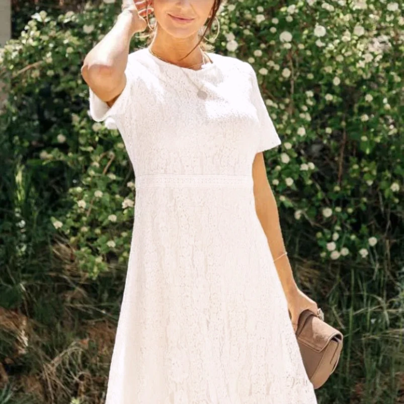 

2022 Summer Foreign Trade New Women's Lace Dress Temperament Mid-skirt Solid Color Pullover Commuter Clothing Woman Dress Y2k
