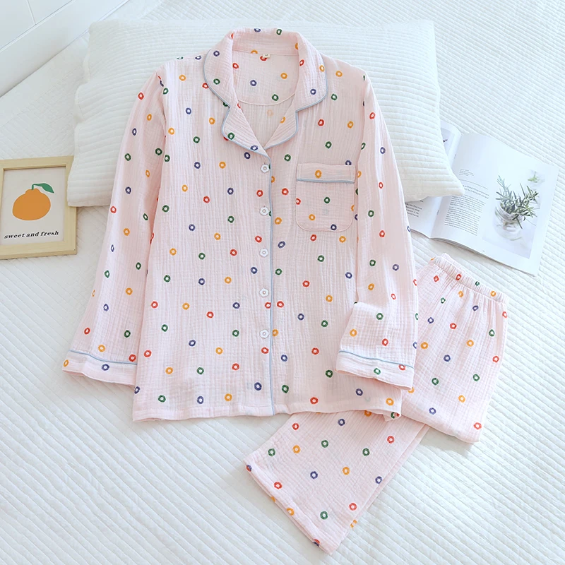 Pure Cotton Cute Pajamas Set Crepe Long Sleeve Fresh Sleepwear Soft Pijama Mujer Casual Pyjamas Female Spring Home Clothes Suit