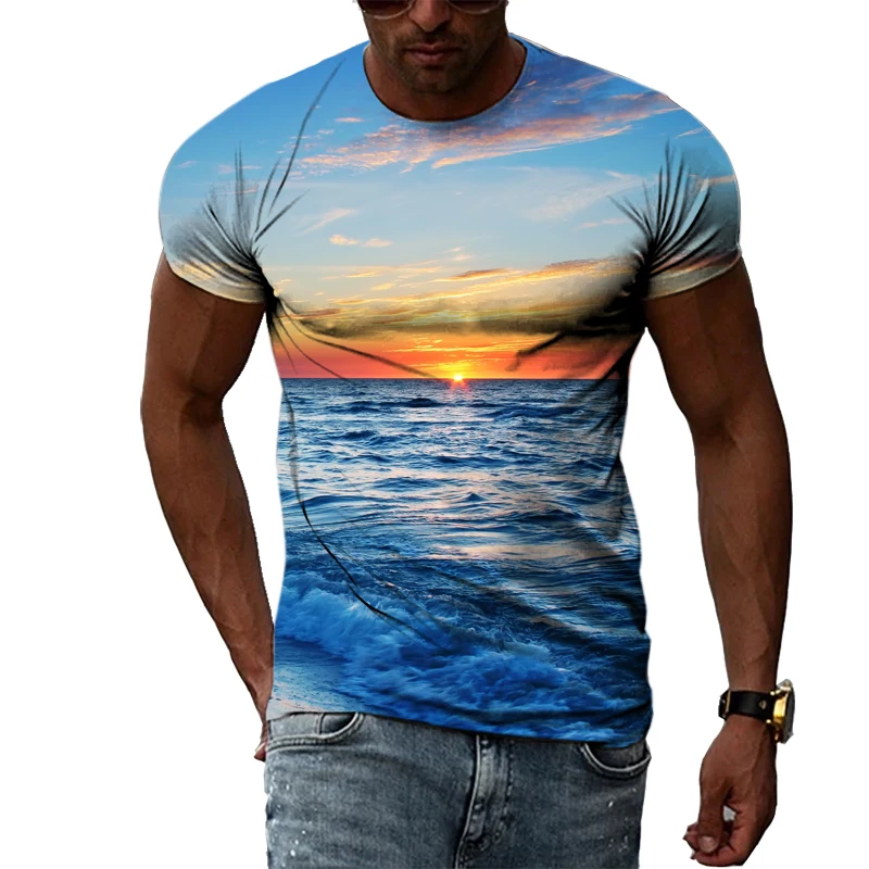 

New Summer Sunset Collection 3 3D Printed Men's Casual Plus Size T Shirt Fashion Trend Young T Shirt Crew Neck Top