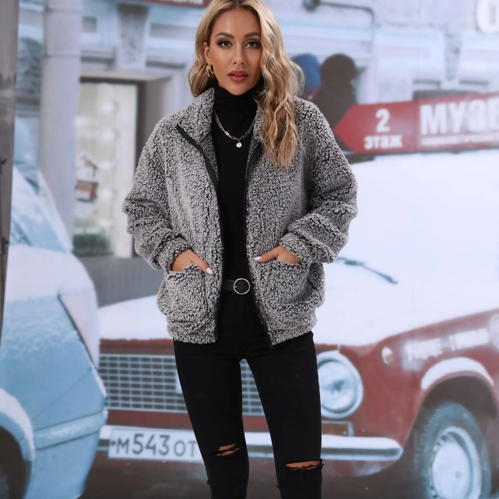 Gray Fleece Jacket For Women Plush Thicken Outerwear Designer Long Sleeve Zipper Fly Outcoat Winter Jacket Lady 2023 Parkas Coat