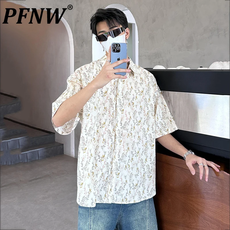 

PFNW Spring Summer New Men's Short Sleeve Shirt Casual Print Flowers Handsome Stylish Personality Y2k Street Korean Tops 28A2643