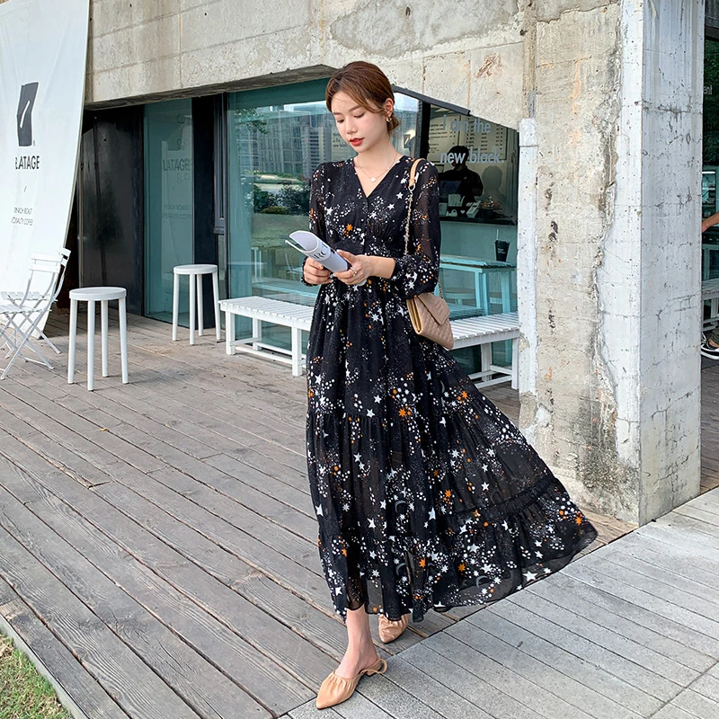 

Женское шифоновое платье с V-образным вырезом, черное Повседневное платье с принтом звездного неба, с эластичной талией и широкой юбкой, в стиле ретро, весна 2023