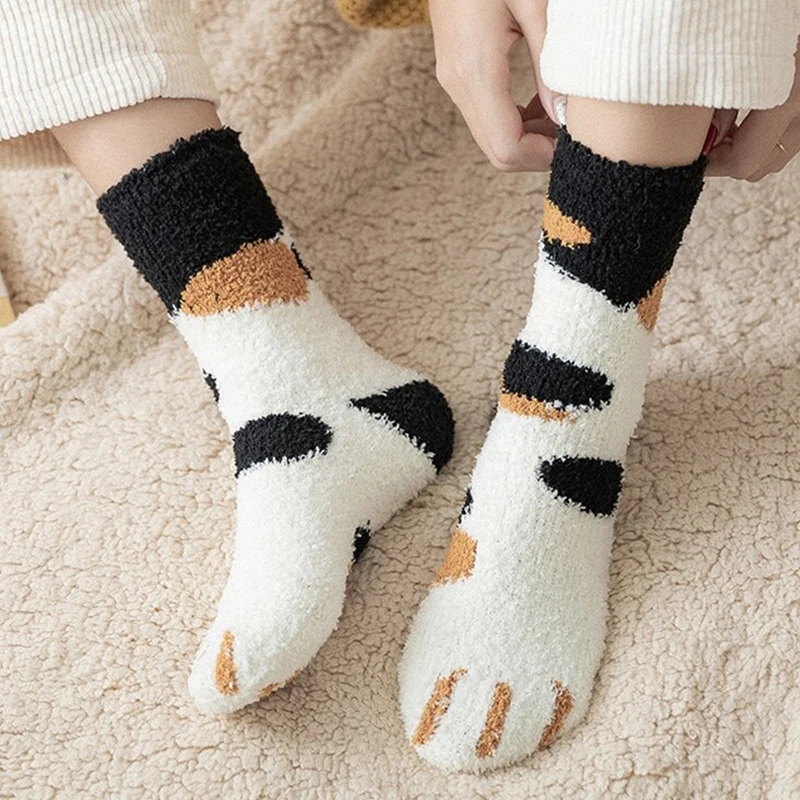 6pairs/lot Cute Cartoon Cat Claw Socks for Women Girls Winter Coral Fleece Thickened Warm Home Sleeping Stocking Floor Stockings