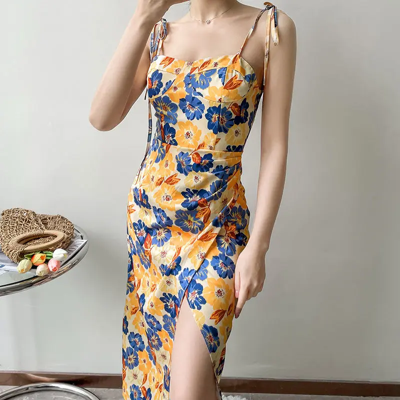 

ELLIEXI Flower Printing Dress Bandage Spaghetti Strap Midi Dresses Sweet Women Lacing up Split Summer Vestido Holiday