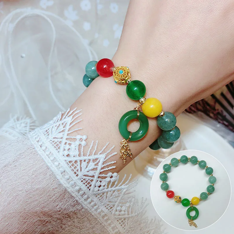 

Ethnic Style Lucky Bracelets Natural Jade Chalcedony Beaded Bracelet for Women Green Gourd Ethnic Female Fine Jewelry