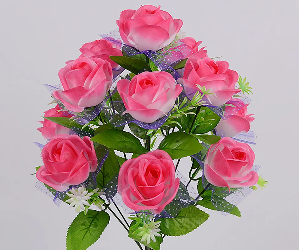 

Imitation Rose Bouquet False 12 Head Fairy Peach With Yarn Rose Flower Decoration Placement Handkerchief Flower Silk Flower Plas