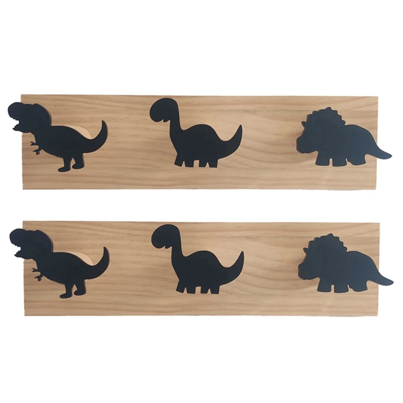 

2X Kids Dinosaur Wall Mounted Coat Hooks Wooden Door Hanger For Boys Bedroom Nursery Playroom Decorations -Black