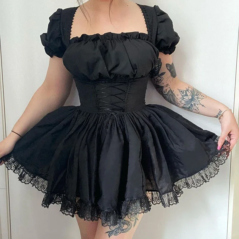 

Japanese Lolita Princess Mini Dress Women Sexy High Waist Black Lace Plus Size Dress Gothic Puff Sleeve Kawaii Vestidos Mujer