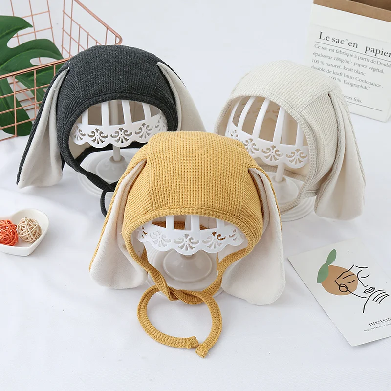 

Newborn Unisex Hats Solid Casual Cute Rabbit Ears Decoration Grid Texture Plush Bandage Hat for Baby Boys Girls Autumn Winter