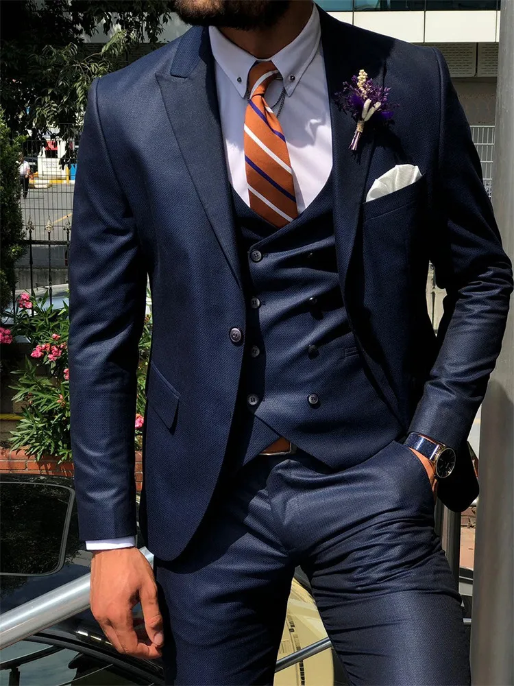 

Dark Blue 3 Piece Slim Men Fashion Suit Cutsom Groom Wedding Tuxedo Prom Wedding Tailor Made Men Suit With Pants