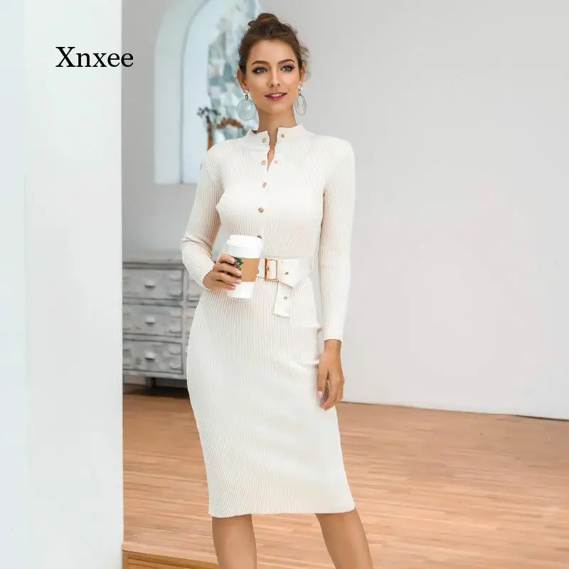 

Women Bodycon Dress Knitted Autumn Winter Clothing New Pearl Button Long Sleeve Sweater Dress Casual Blue Red Black Dress