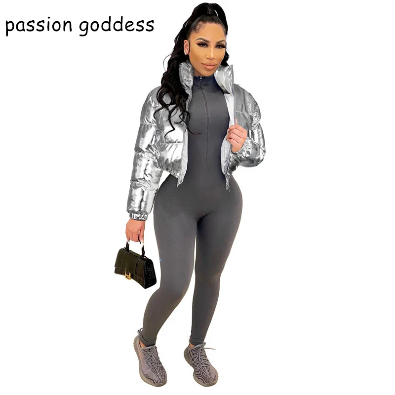 New 2022 Fashion Streetwear Winter Women Padded Crop Jackets Parkas Stand Collar Zipper Bright Puffer Jacket Warm Coats Ladies