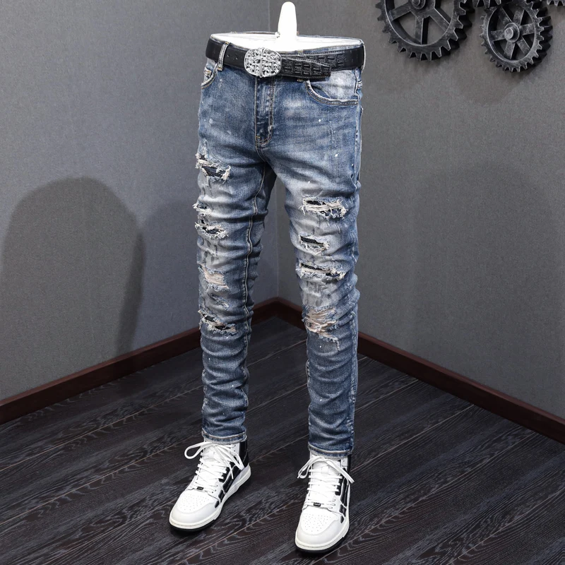Street Fashion Men Jeans Retro Blue Stretch Painted Skinny Ripped Jeans Men Beading Patched Designer Hip Hop Brand Pants Hombre