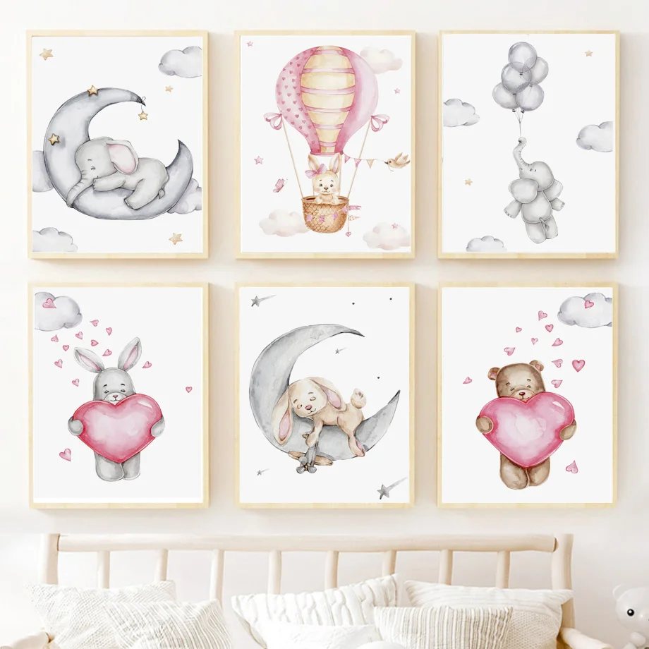 

Rabbit Elephant Balloon Clouds Moon Wall Art Canvas Painting Nordic Posters And Prints Wall Pictures Kids Room Playroom Decor