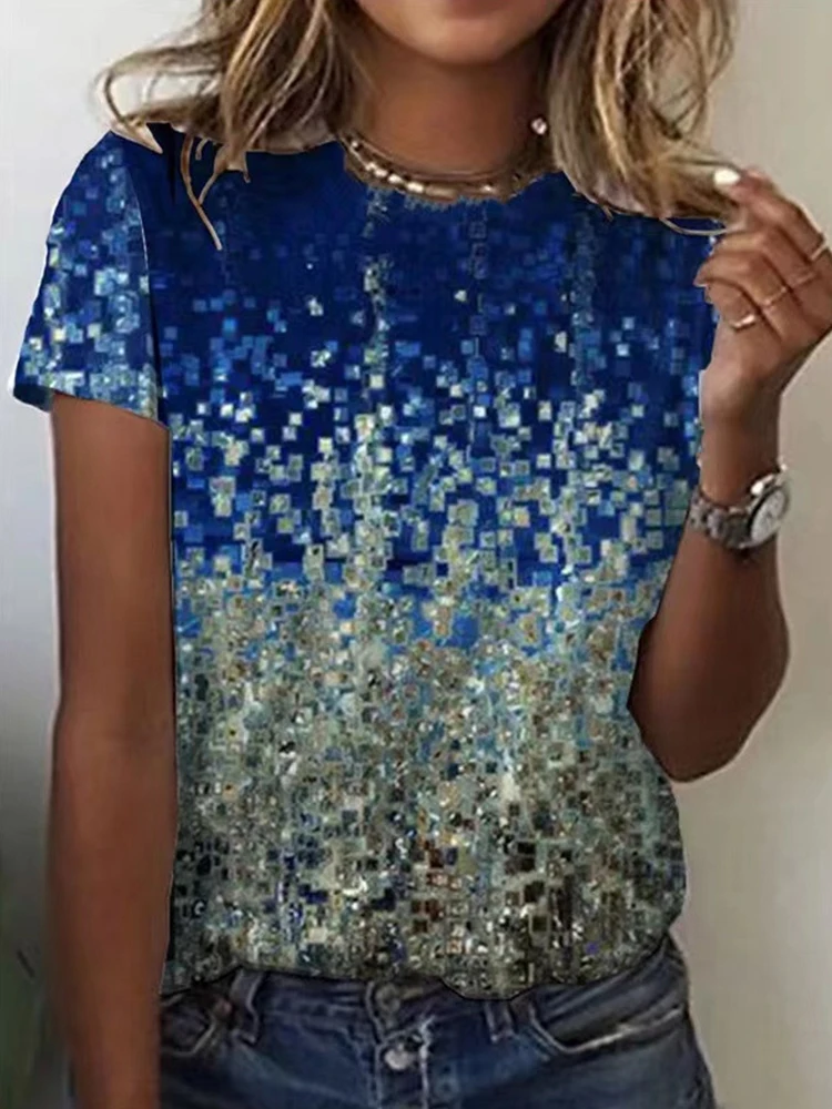 

Elegant Pattern Print Pullover Tops 2022 Women Casual O Neck Party Blouse Harajuku Summer Fashion Short Sleeve Loose Shirt Blusa