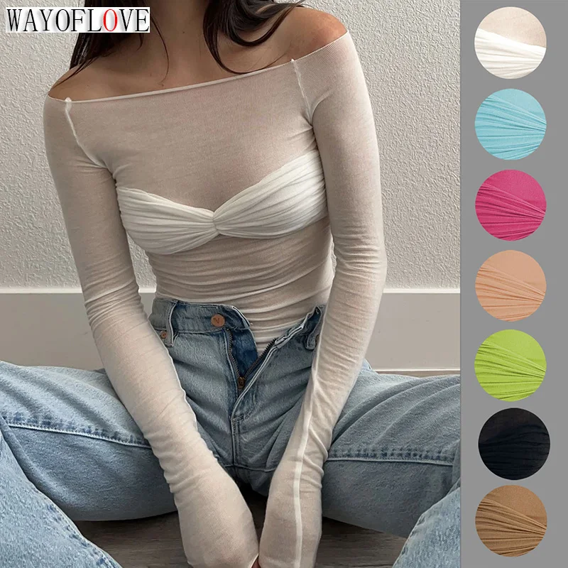 

WAYOFLOVE Ladies Spring Summer Sexy T Shirt Knit Transparent Long Sleeve Top Women Tees Casual Solid Color Basic Women's T-shirt