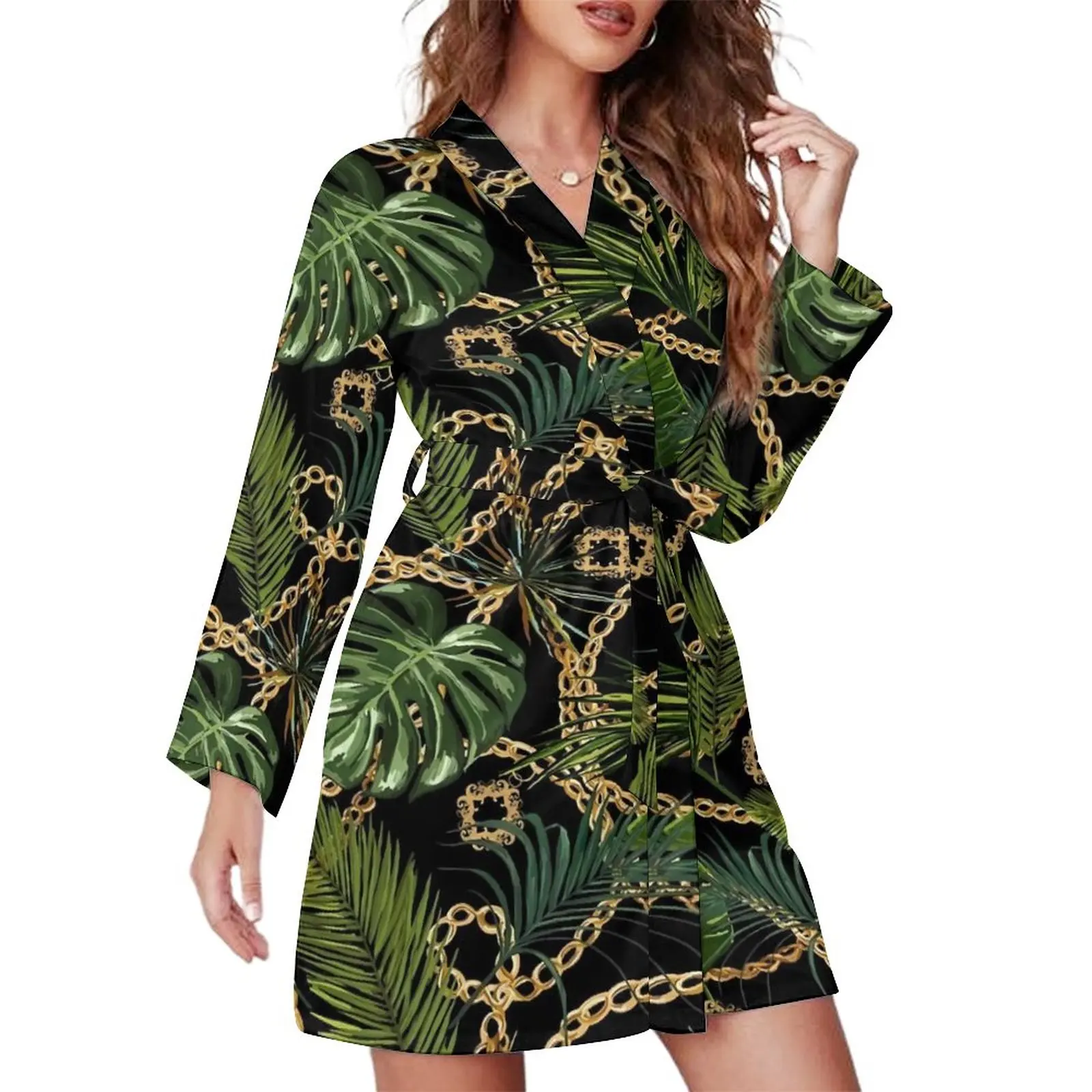 

Chain Print Pajama Robe Women Tropical Leaves Home Sleepwear Long Sleeve V Neck Pattern Pajamas Robes Autumn Fashion Dresses