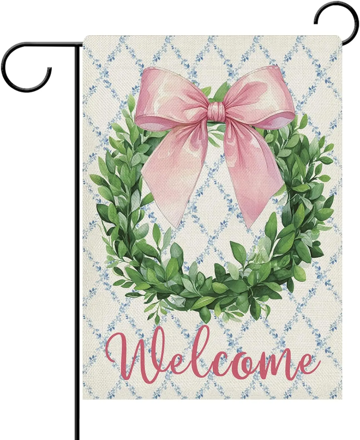 Фото Декоративный садовый флаг Dyrenson Welcome Pink Bow Wreath, с розовым бантом, листьями эвкалипта и лентой в стиле кокетель, для украшения двора и дома, Bot YYX №1