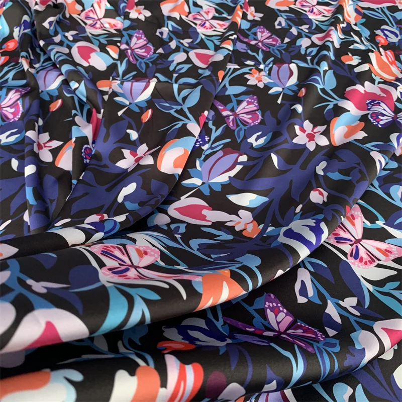 

Spring/Summer Luxury Brand Dark Blue Bottom Color Pattern Digital Printing Stretch Satin Fabric DIY Sewing Dress Material