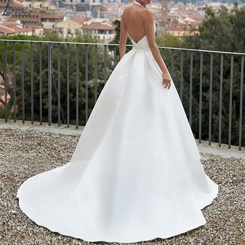 

Простое атласное Свадебное платье с лямкой на шее без рукавов элегантное Свадебное платье принцессы с открытой спиной и шлейфом для свадебвечерние вечеринки платье невесты