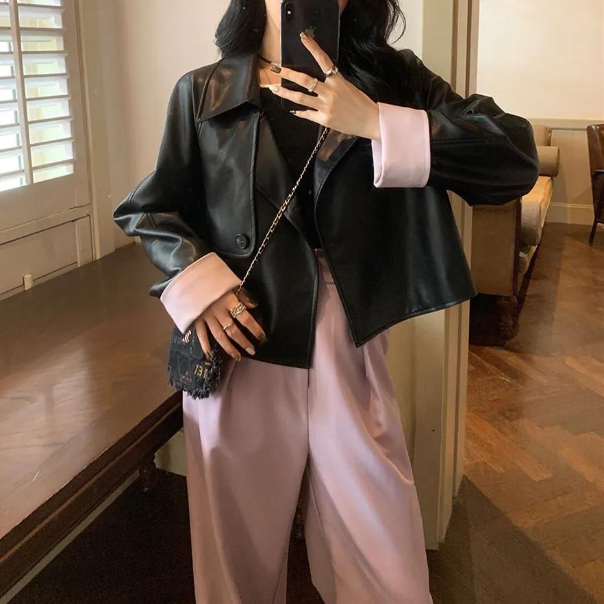 Sweet Girl Young Women Autumn Leather Short Jackets Black Patchwork Leather Coat Women's  Korean Fashion Loose Motorcycle Jacket