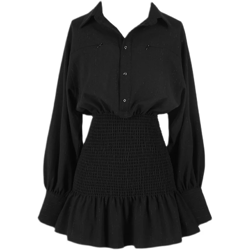 

2023 Dress Female Spring New Retro Hong Kong Flavor Design Sense POLO Collar Waist-slimming Chic Long-sleeved Skirt Y2K