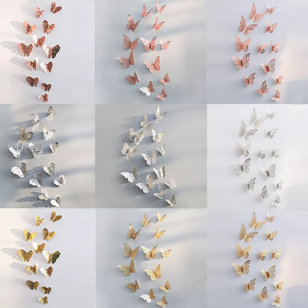 

12pcs/set Hollow 3D Butterfly Wall Sticker for Wedding Decoration living room window Home Decor Gold silver Butterflies stickers