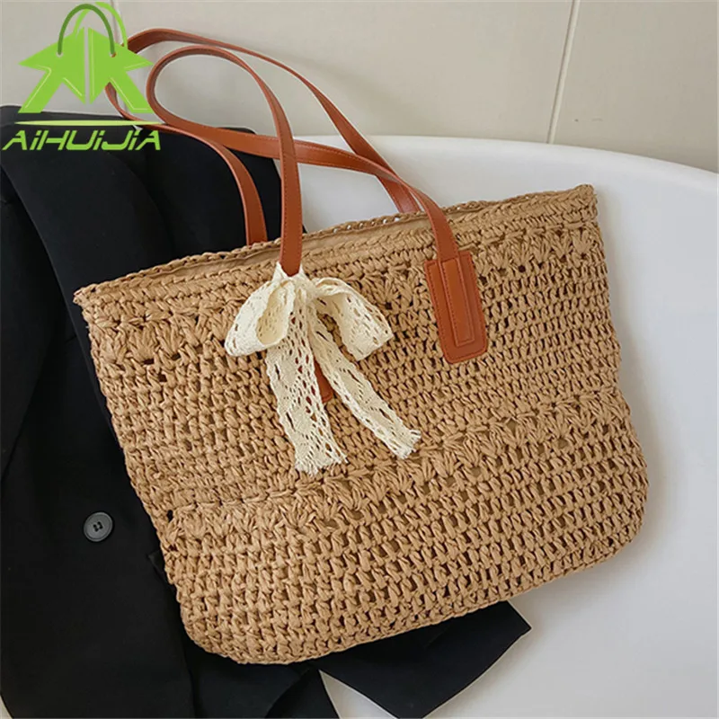 

Fashion Ribbon Straw Women Shoulder Bags Bohemia Female Handbags 2022 Summer New High Capacity Beach Straw Bags Casual Tote Bag