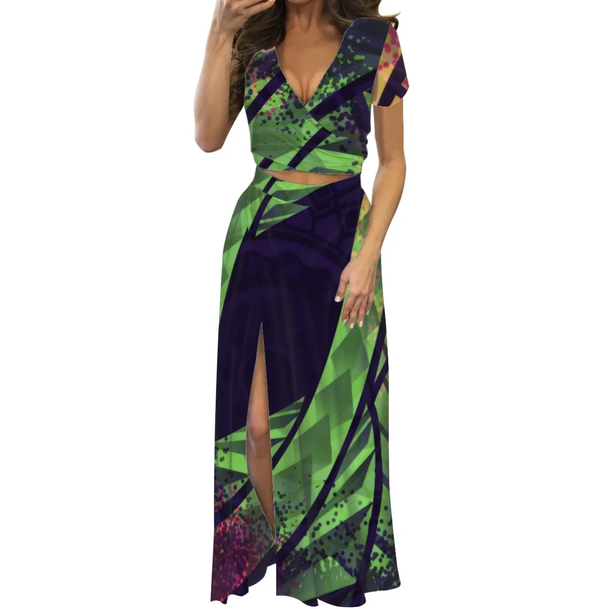 

HYCOOL Polynesian Tribal Green Totem Print New Fashion Short Sleeve Ladies Two-Piece Women's Long Summer Dresses Promotion 2023