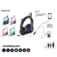 akz 022 cat ear wired headphones 7 1 channel led lighting over head headset with noise reduction mic for laptop computer gamer