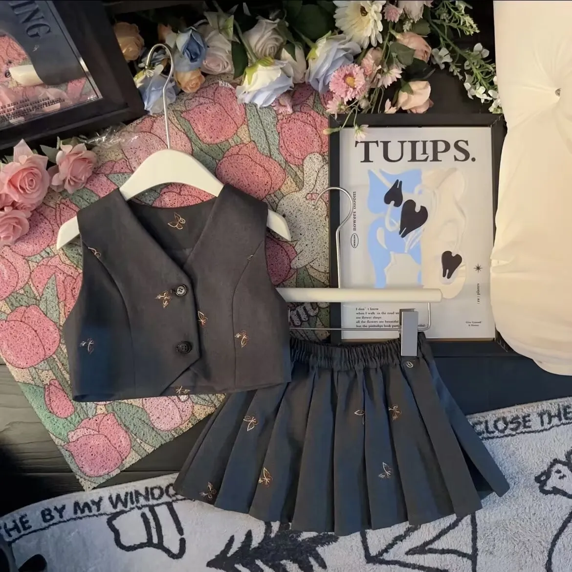 Осенний Молодежный костюм для девочек с вышивкой бабочкой куртка + жилет