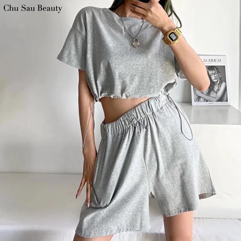 

2022 New Women Casual Sweatshirt Set Simple Round Neck Short Sleeve High Waist Shorts Fashion Loose Streetwear