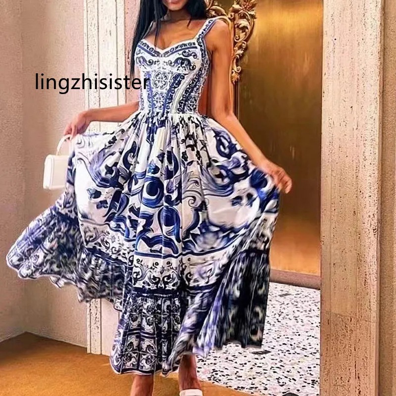 

Women Cotton Long Dress Porcelain Poplin Spaghetti Strap Maxi Dresses 2023 Summer Sweetheart Neck Cotton Dark Blue Floor Length