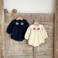 baby girl long sleeved romper solid color embroidered collar bag fart coat corduroy baby one piece romper